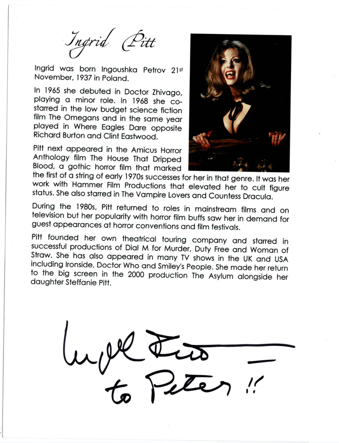 Ingrid Pitt signed autograph! RARE! AMCo Authenticated! 14452