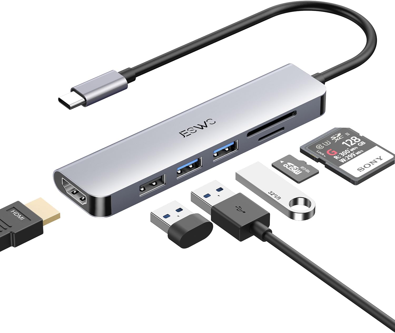 JESWO  6-in-1 USB C Hub with TF SD Card Reader USB C to HDMI 4K USB 3.0 Ports, USB C Multiport Adapter for MacBook Pro Air, Mac M1, iPad Pro, More Type C Devices
