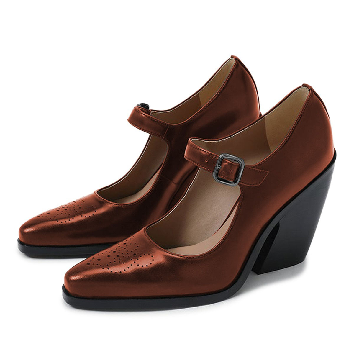Metallic Brown Closed Toe Block High Heel Women Mary Jane Shoes Nicepairs