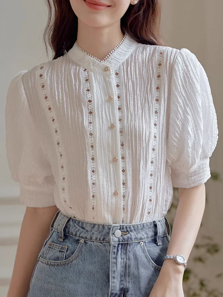Stand Collar Chiffon Embroidered Hollow Shirt