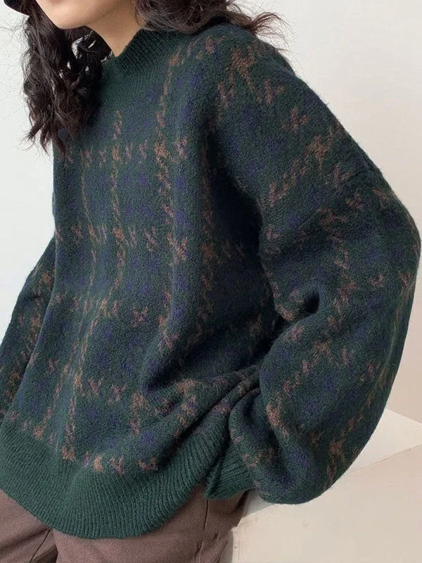 Brownm green knitted sweater with check pattern