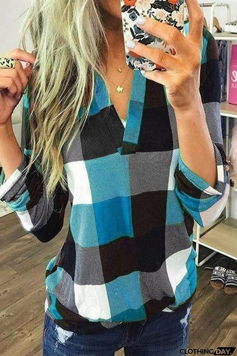 Contrast Plaid V Neck Long Sleeve Top