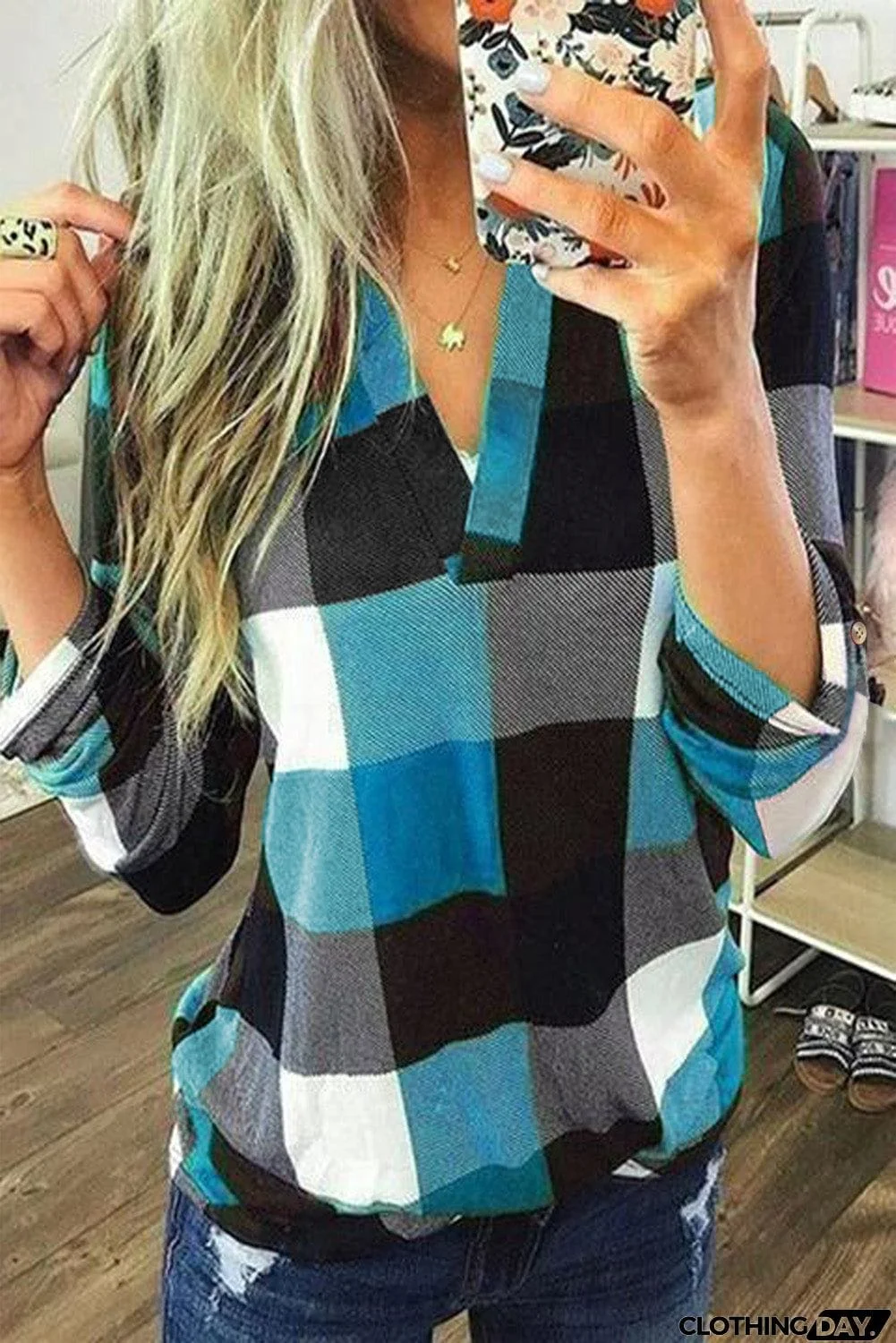 Contrast Plaid V Neck Long Sleeve Top
