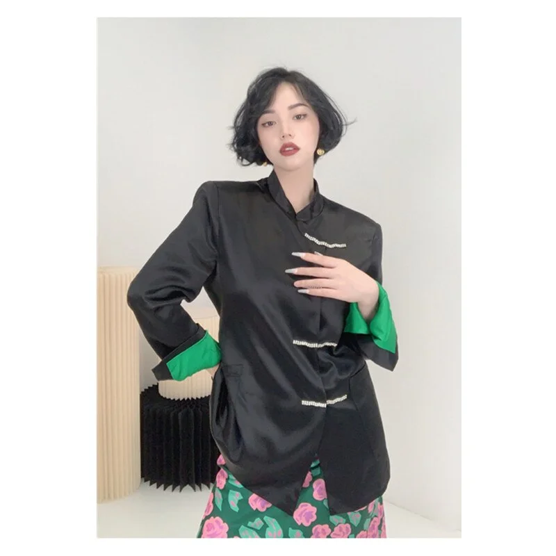 Stand Collar Black Long Suit Blazer Two Piece Set Women Skirt High Waist Vintage Long Printing Skirts Women Dresses New 2021