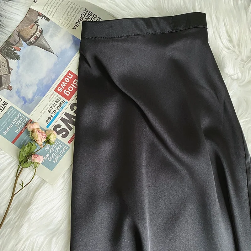 Lizkova Summer Satin Skirt Women High Waist Shiny Elegant Jupe 2021 Female Knee-lenth Casual Skirt BS001
