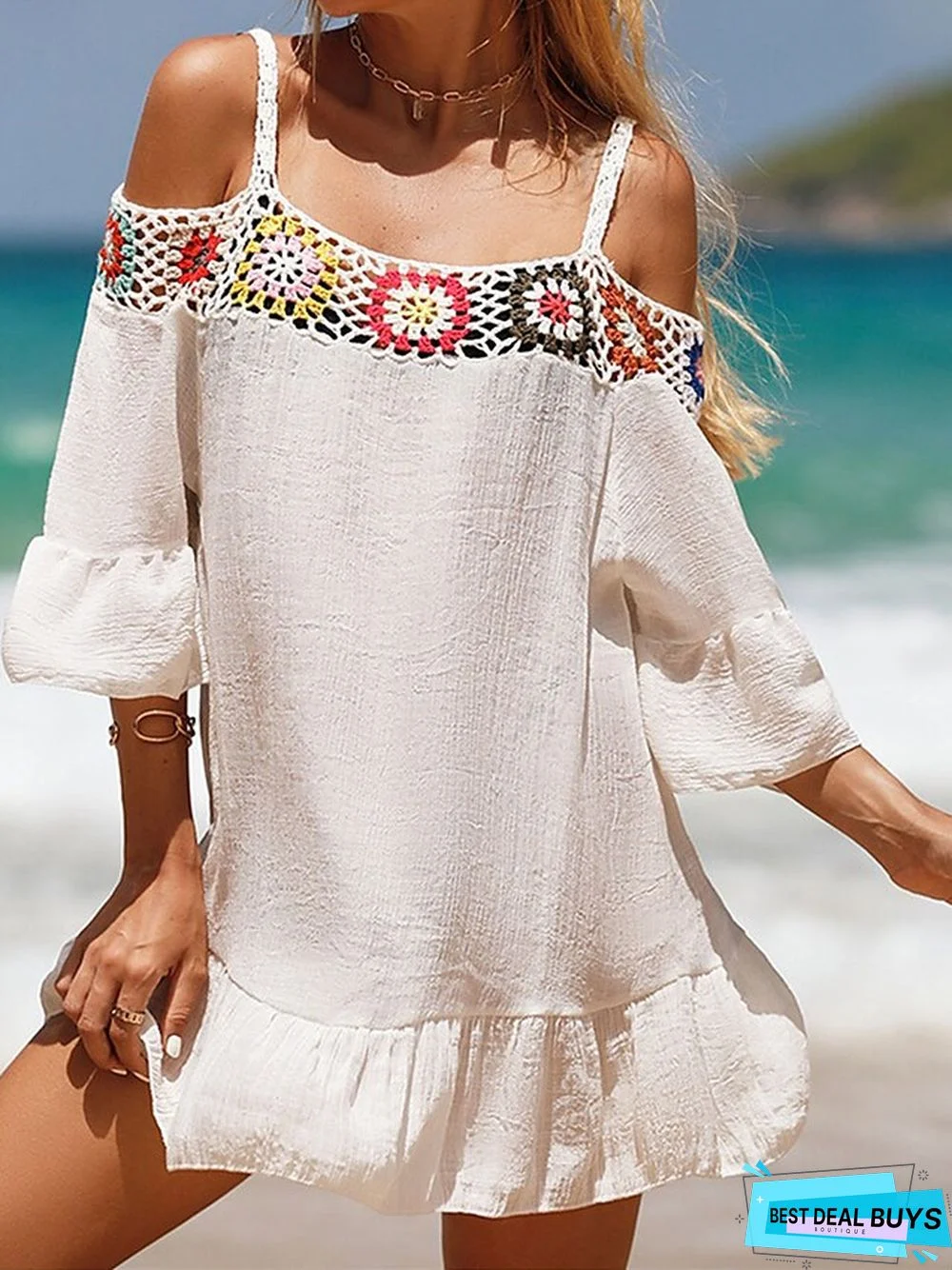Women's Cover Up Beach Dress Beach Wear Mini Dress Ruffle Backless Ethnic Casual Floral Spaghetti Strap 3/4 Length Sleeve Loose Fit Outdoor Daily Black White 2023 Spring Summer One Size