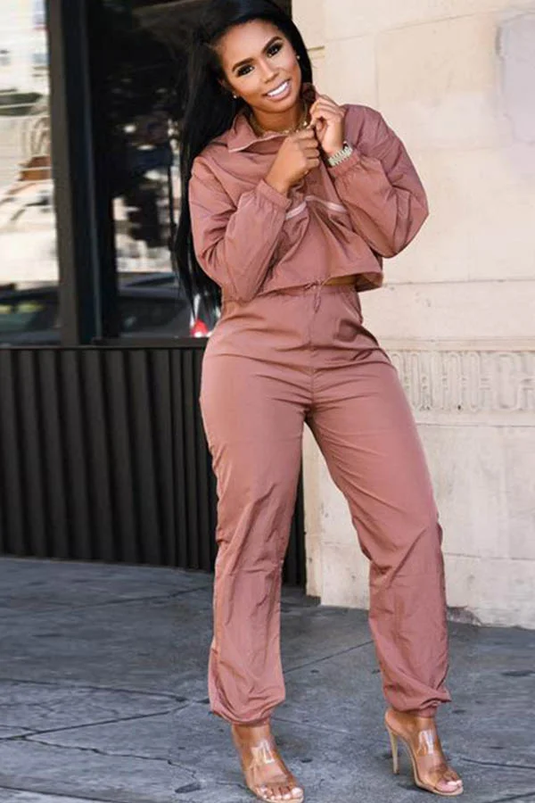 Deep pink Casual Two Piece Suits contrast color Solid Straight Long Sleeve Two-piece Pants Set | EGEMISS