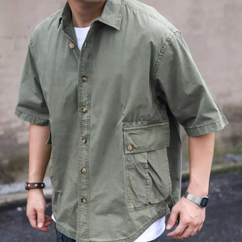 Vintage Washed Distressed Green Short Sleeve Shirt