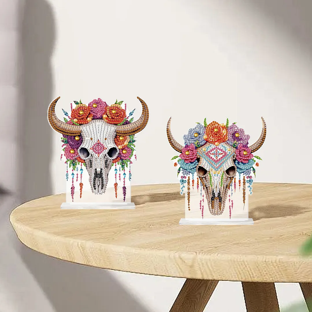 2Pcs DIY Diamond Art Tabletop Ornaments Reusable Special Gem Rhinestone Mosaic Craft Multi-Purpose Diamonds Art Suncatchers Flowers Gift for Craft Lovers (Floral Bull Skulls)
