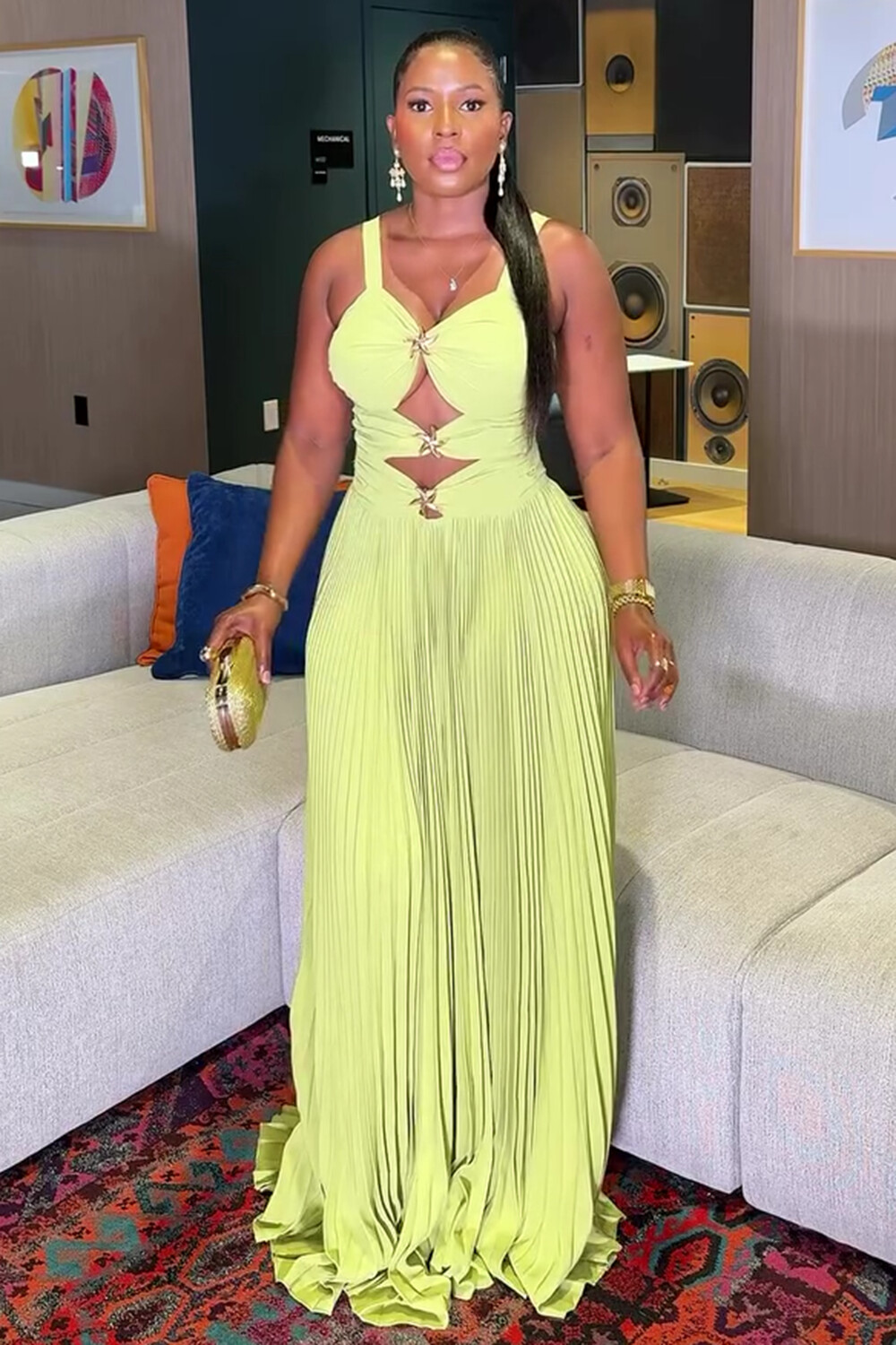 Gathered Cutout Pleated Hem Sleeveless Party Maxi Dresses-Green [Pre Order]