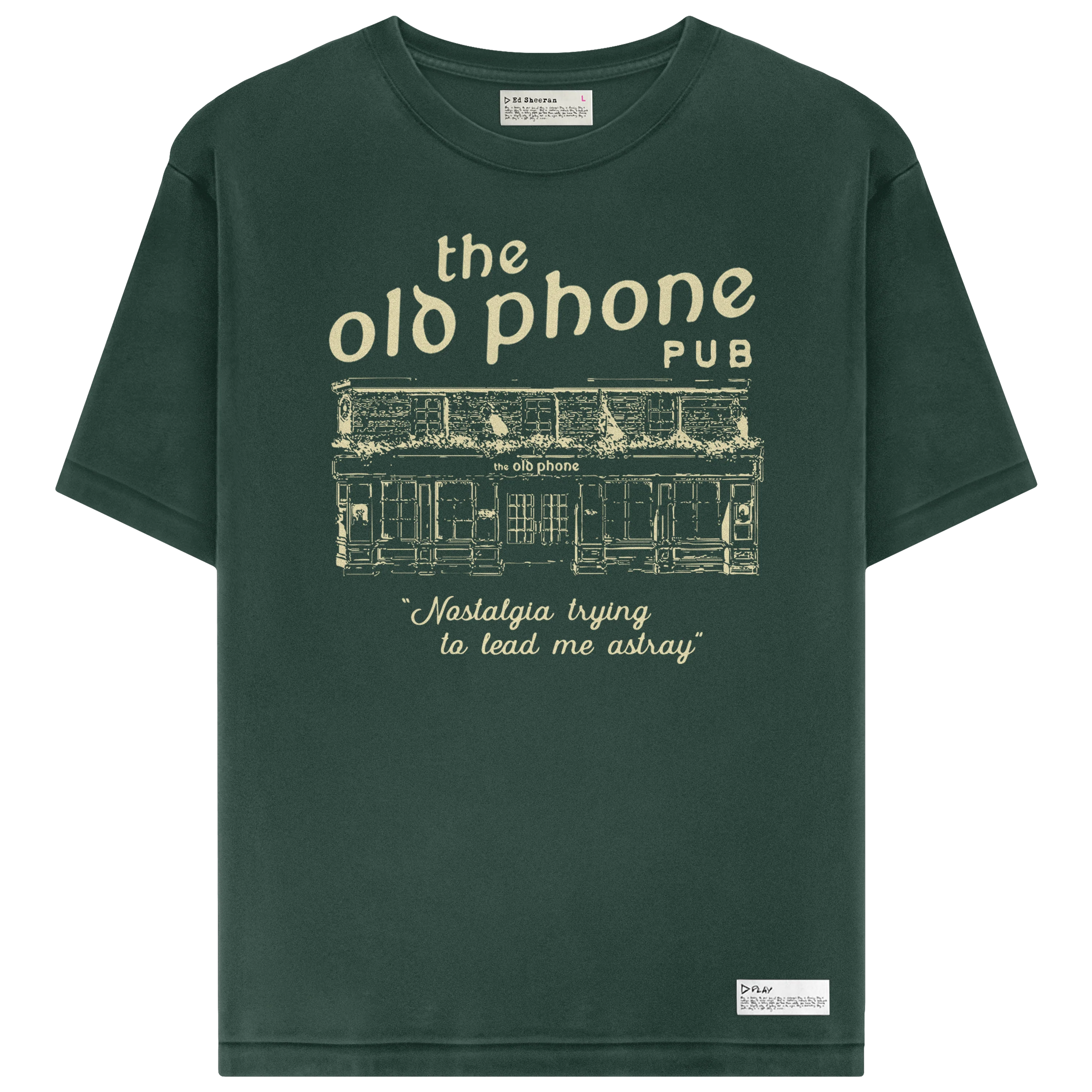 "Brand Name green graphic t shirt with Old Phone pub artwork on chest"