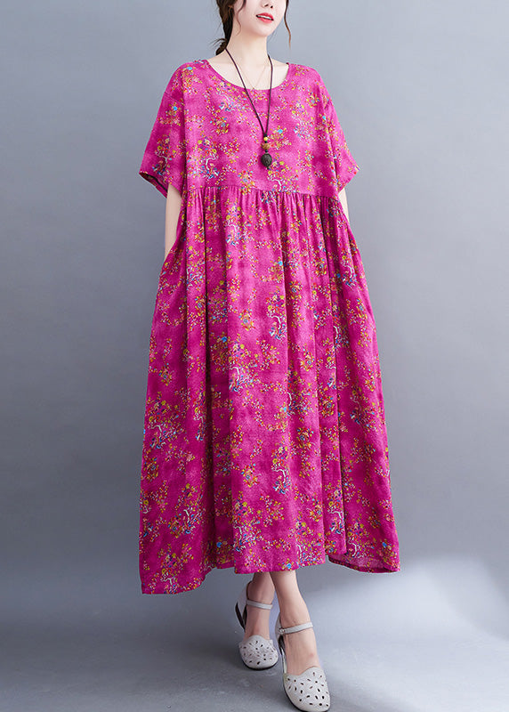 VCSHOES Rose Print Patchwork Cotton Cozy Long Dress Short Sleeve