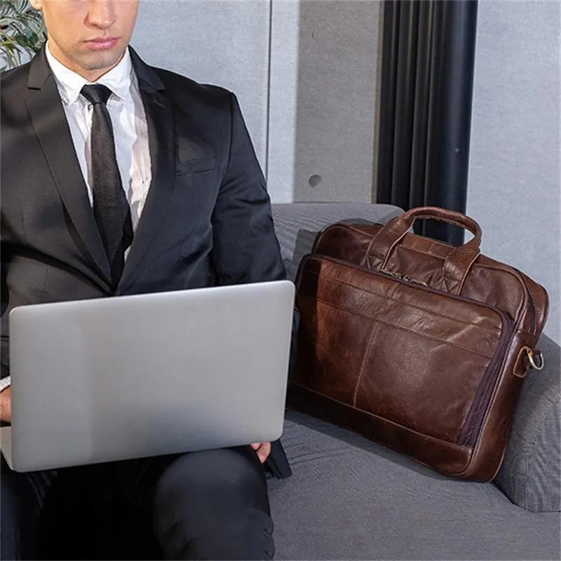 Casual Business Solid Color Handbag 15.6-Inch Computer Bag Leather Crossbody Bag