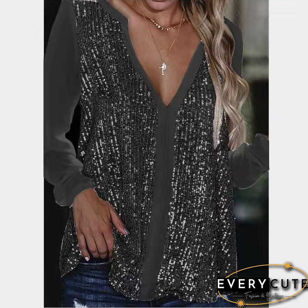 Sexy Deep V Neck Sequins Shirt