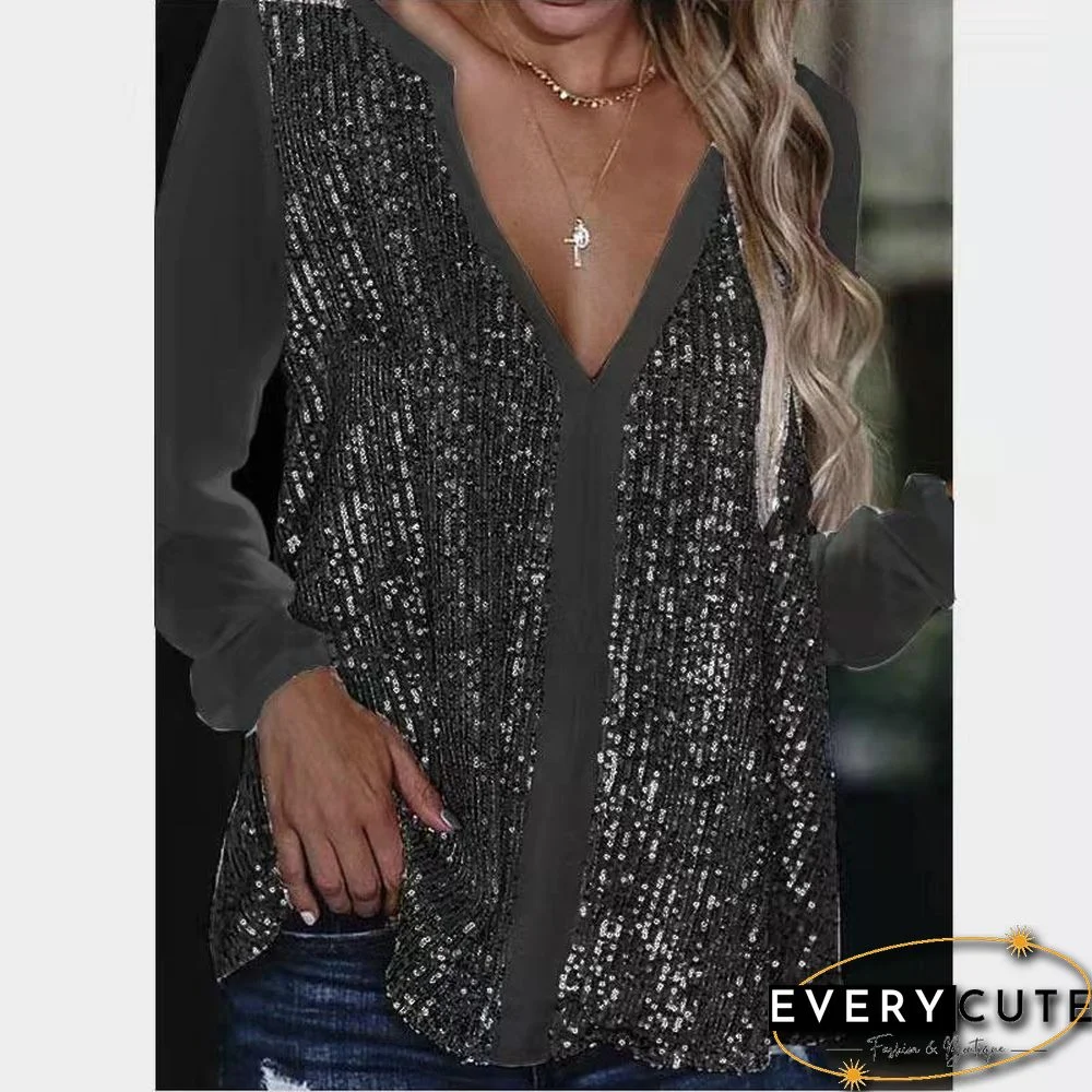 Sexy Deep V Neck Sequins Shirt