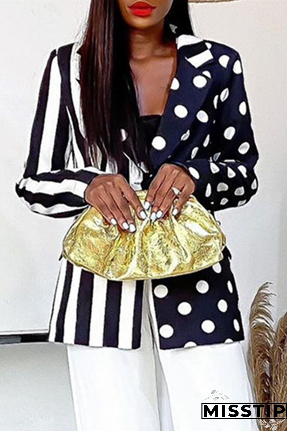 Black And White Fashion Casual Print Patchwork Turndown Collar Outerwear