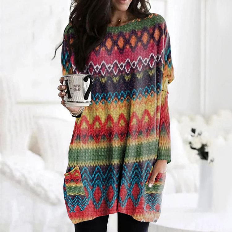 Vefave Vintage Colorful Sweater Textured Tunic