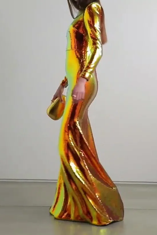 Crew Neck Shoulder Pads Metallic Sequin Maxi Dress-Gold