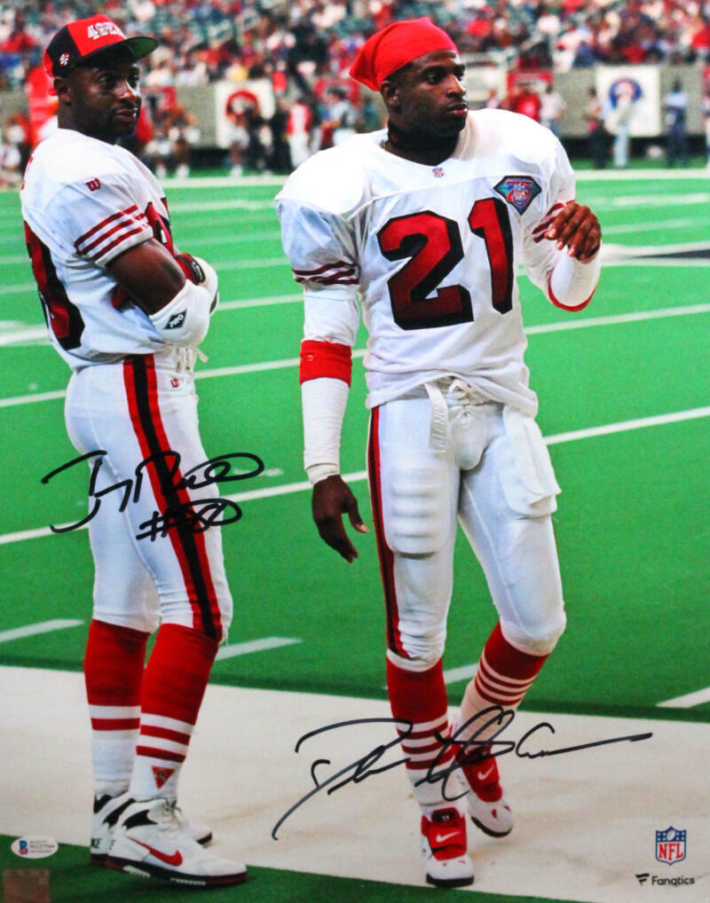 Deion Sanders Jerry Rice Signed 49ers 16x20 Sideline Photo Poster painting- Beckett W *Black