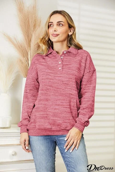 Ninexis Full Size Quarter-Button Collared Sweatshirt