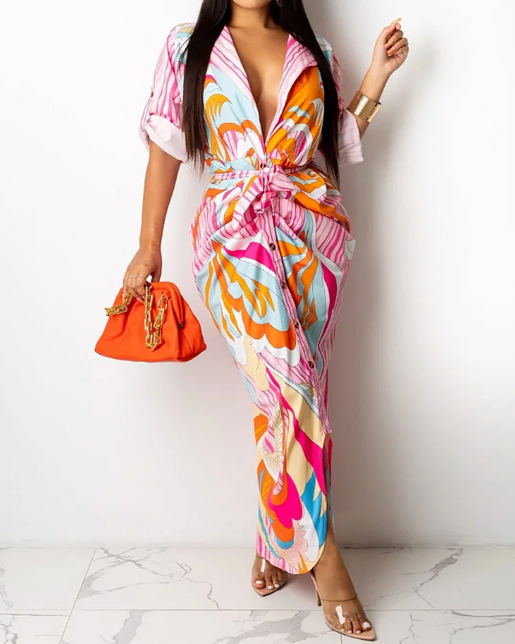 Lapel Tie Print Shirt Dress