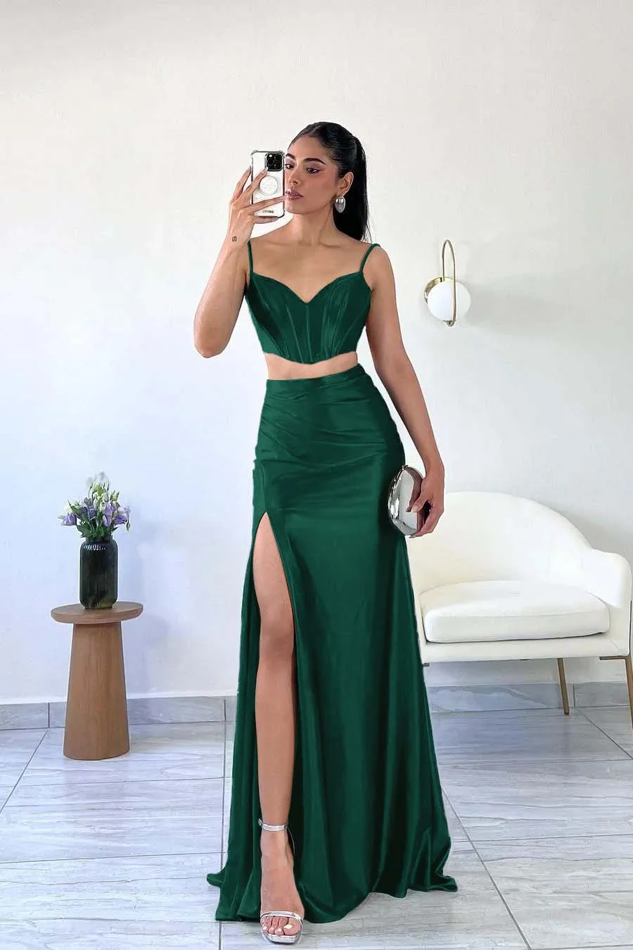 Miabel Simple Dark Green Satin Spaghetti Strap Sleeveless Long Prom Dress with Split