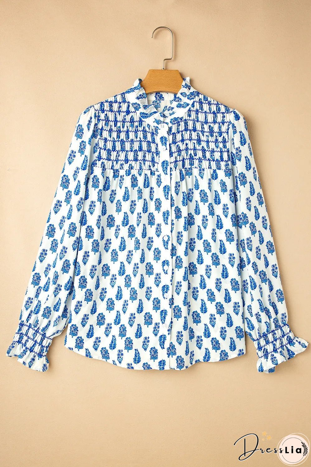 Frill Printed Button Up Long Sleeve Shirt
