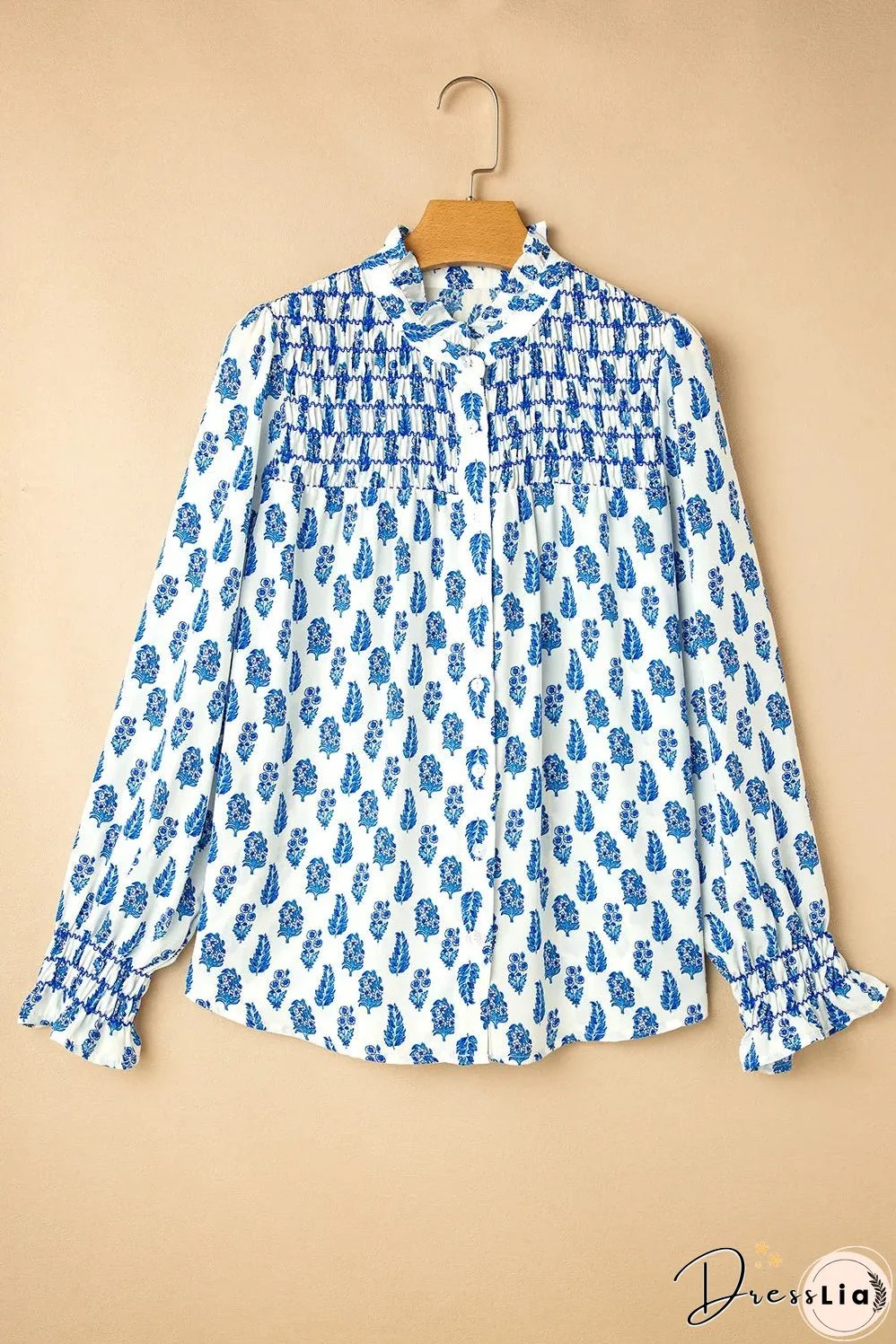 Frill Printed Button Up Long Sleeve Shirt