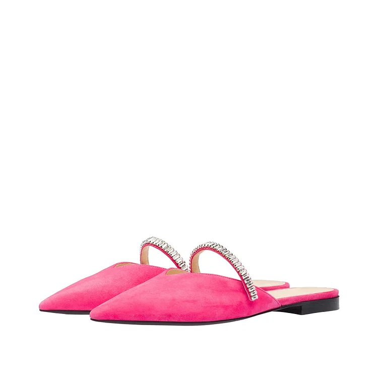 Hot Pink Vegan Suede Pointed Toe Rhinestone Flat Mules |FSJ Shoes
