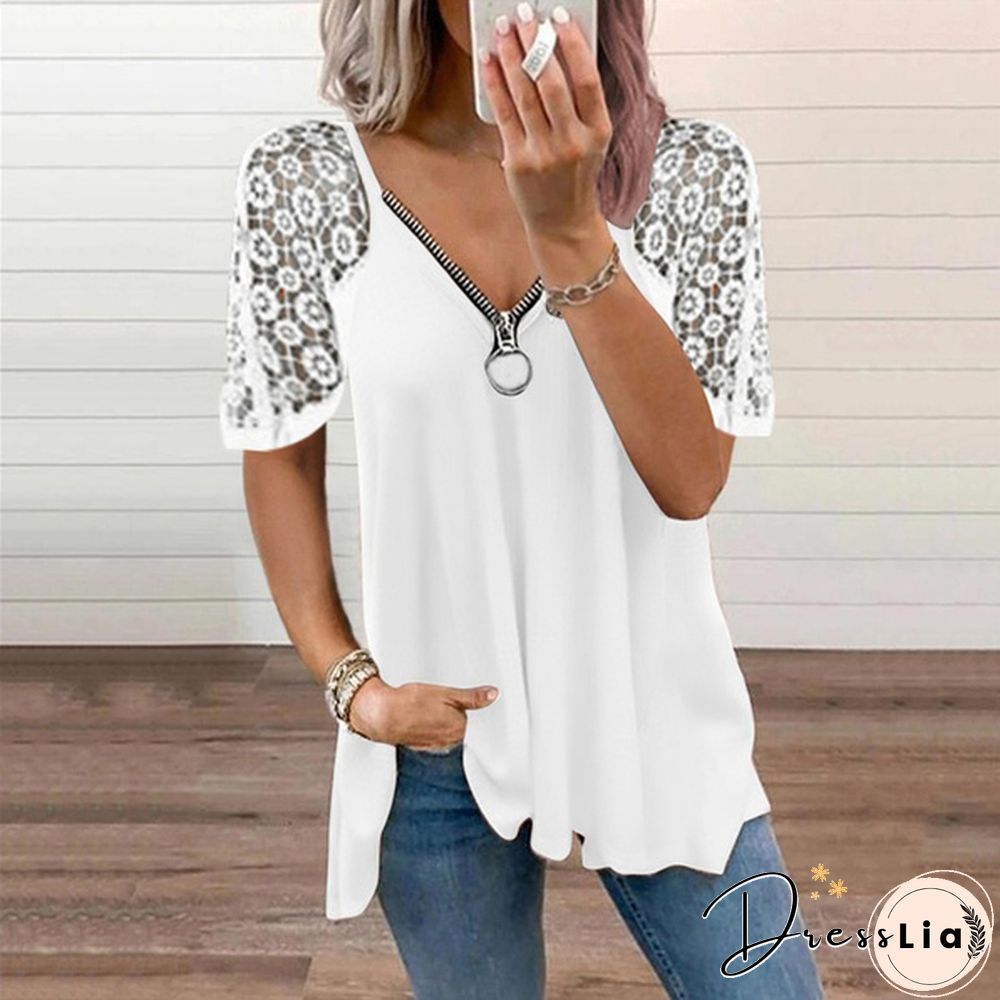 Summer Womens Lace Stitching Short Sleeve Tops Solid Color Loose T-Shirt Fashion Casual