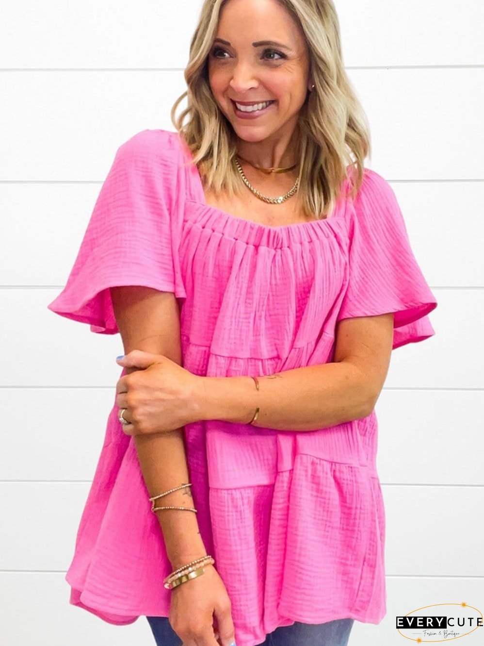 Bold Pink Ruched Square Neck Flutter Sleeve Cotton Blouse