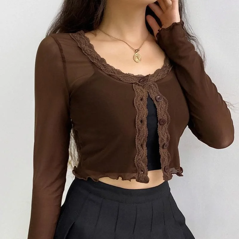 Brown Vintage Mesh Lace V Neck Long Sleeve T-shirts SP16206
