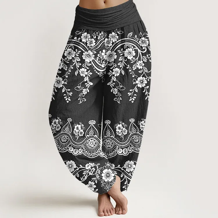 Cotton Traditional Flower Vine Leaf Pattern Women's Elastic Waist Harem Pants