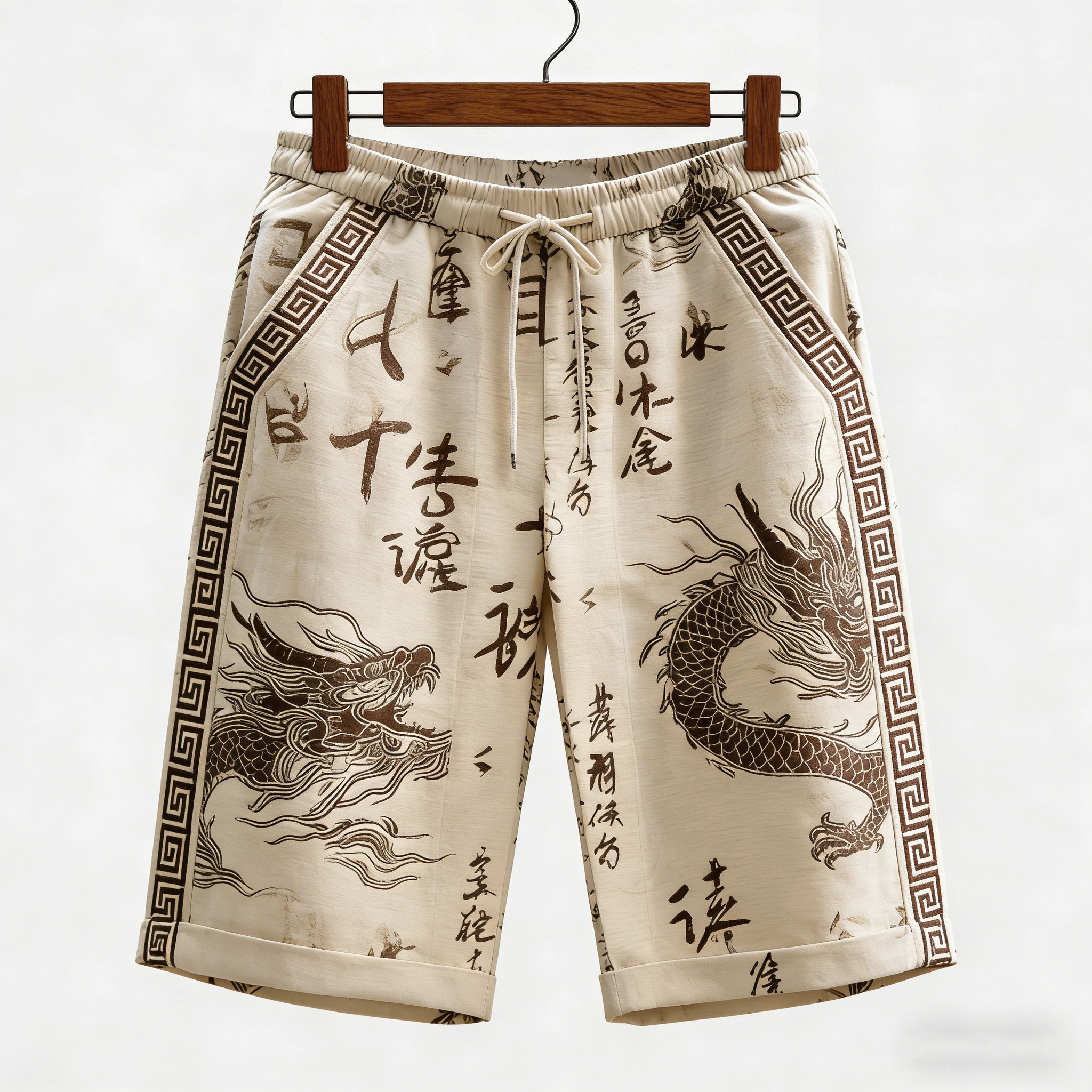 Men's Calligraphy With Dragon Art Pattern Linen Blend Casual Shorts  artssus