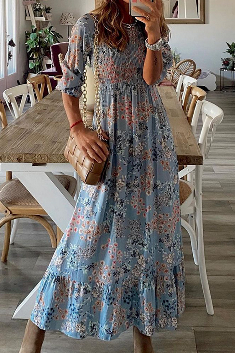 Casual Print Patchwork O Neck Waist Skirt Dresses - Life is Beautiful for You - SheChoic