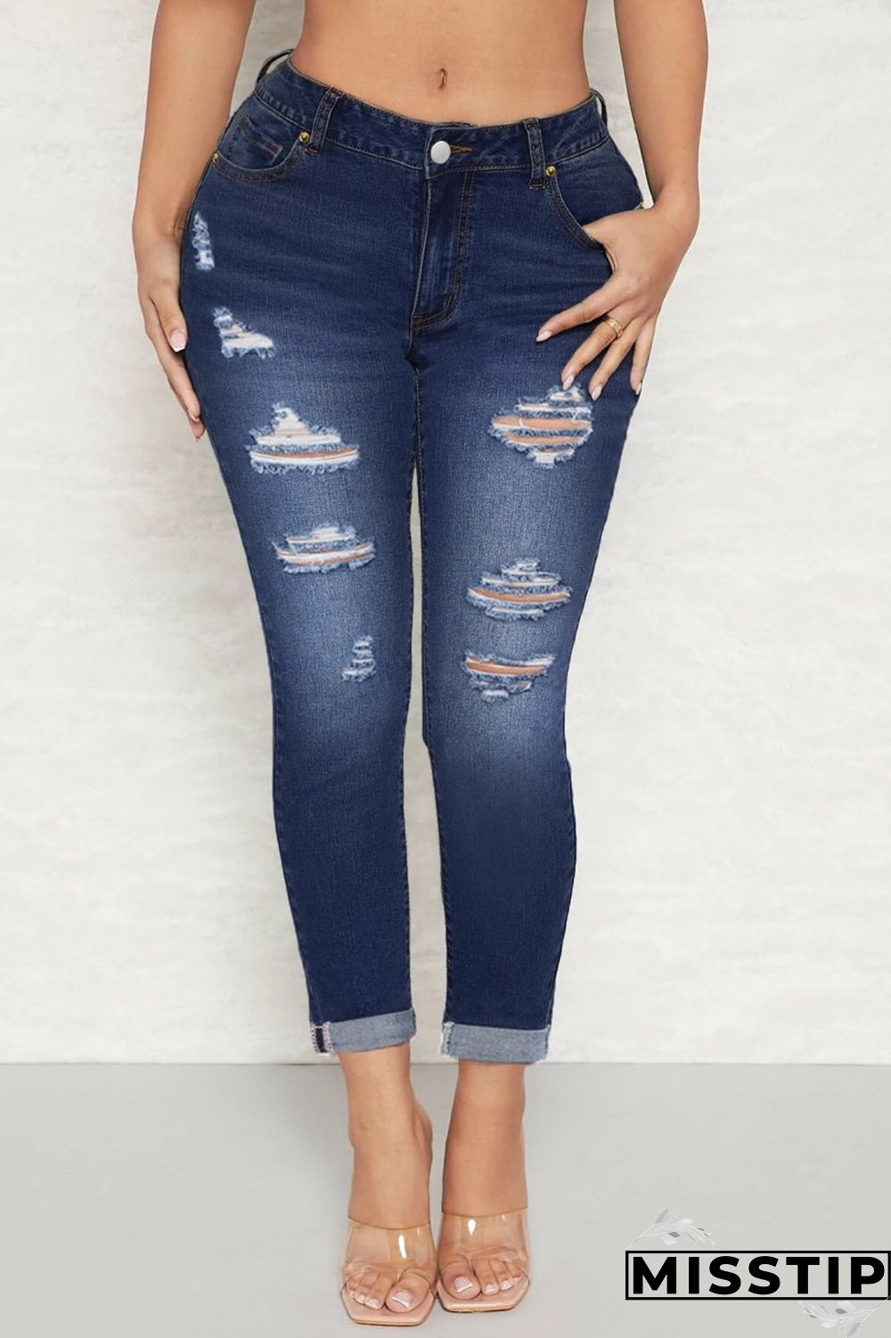 Deep Blue Casual Solid Ripped High Waist Skinny Denim Jeans