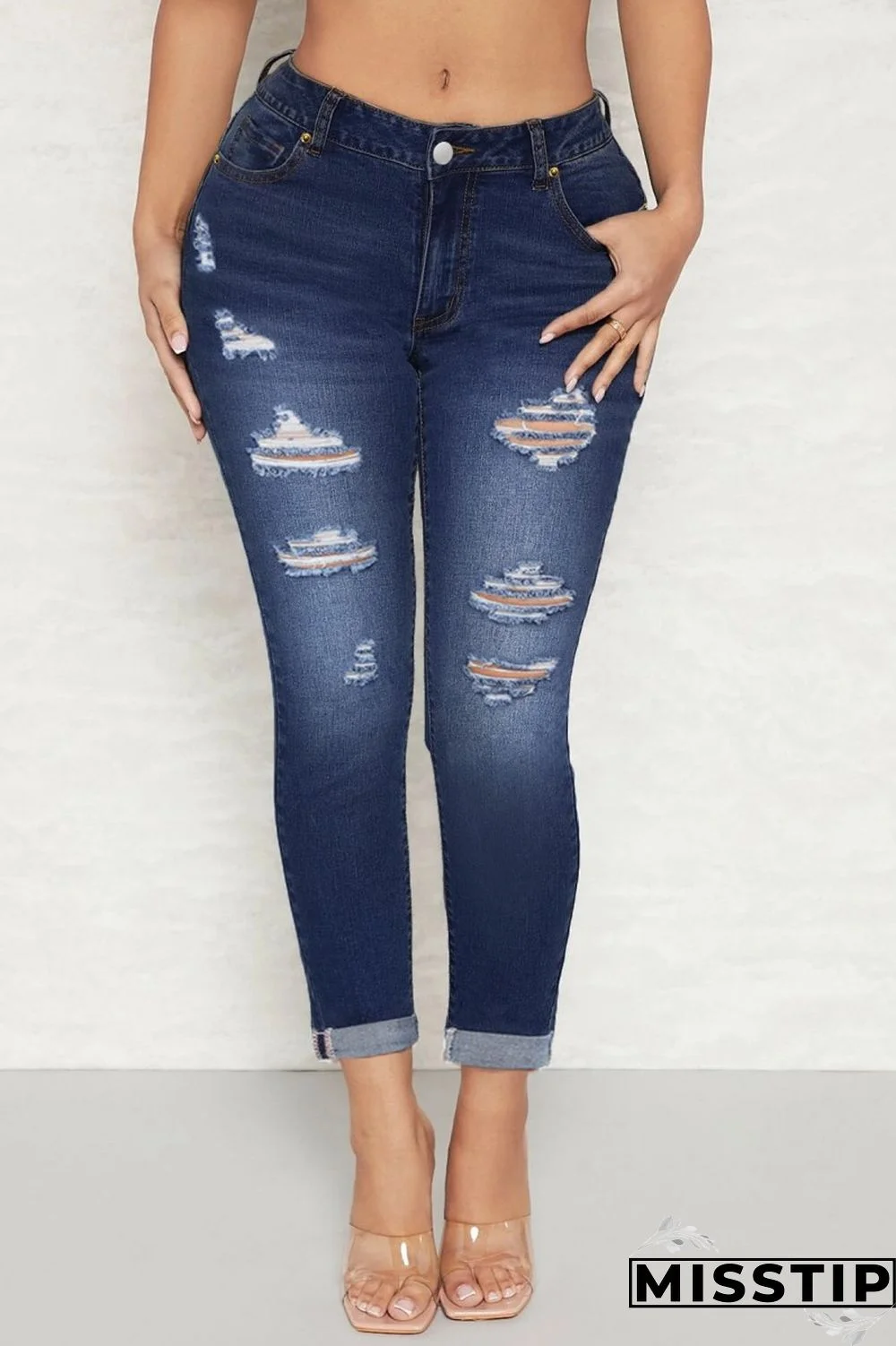 Deep Blue Casual Solid Ripped High Waist Skinny Denim Jeans