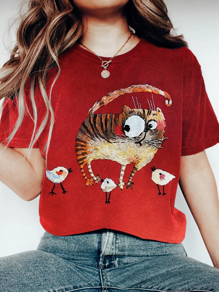 VChics Cat & Birds Embroidery Women's Casual Short Sleeve T-Shirt