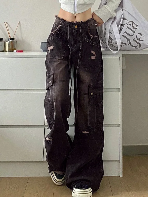 Brownm Punk Distressed Rivets Ripped Cargo Jeans