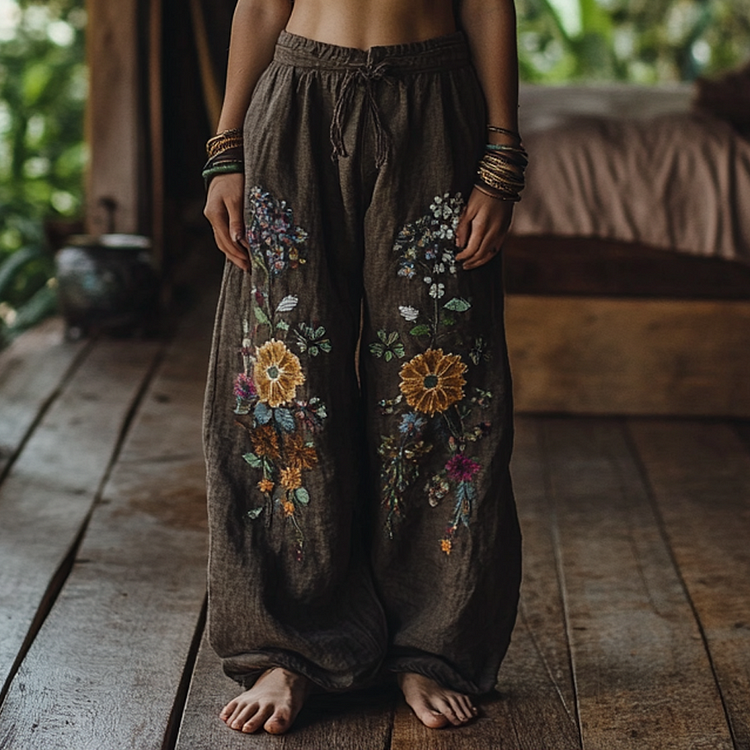 Utbros Vintage Bohemian Resort Forest Floral Art Printed Cotton Linen Wide Leg Pants