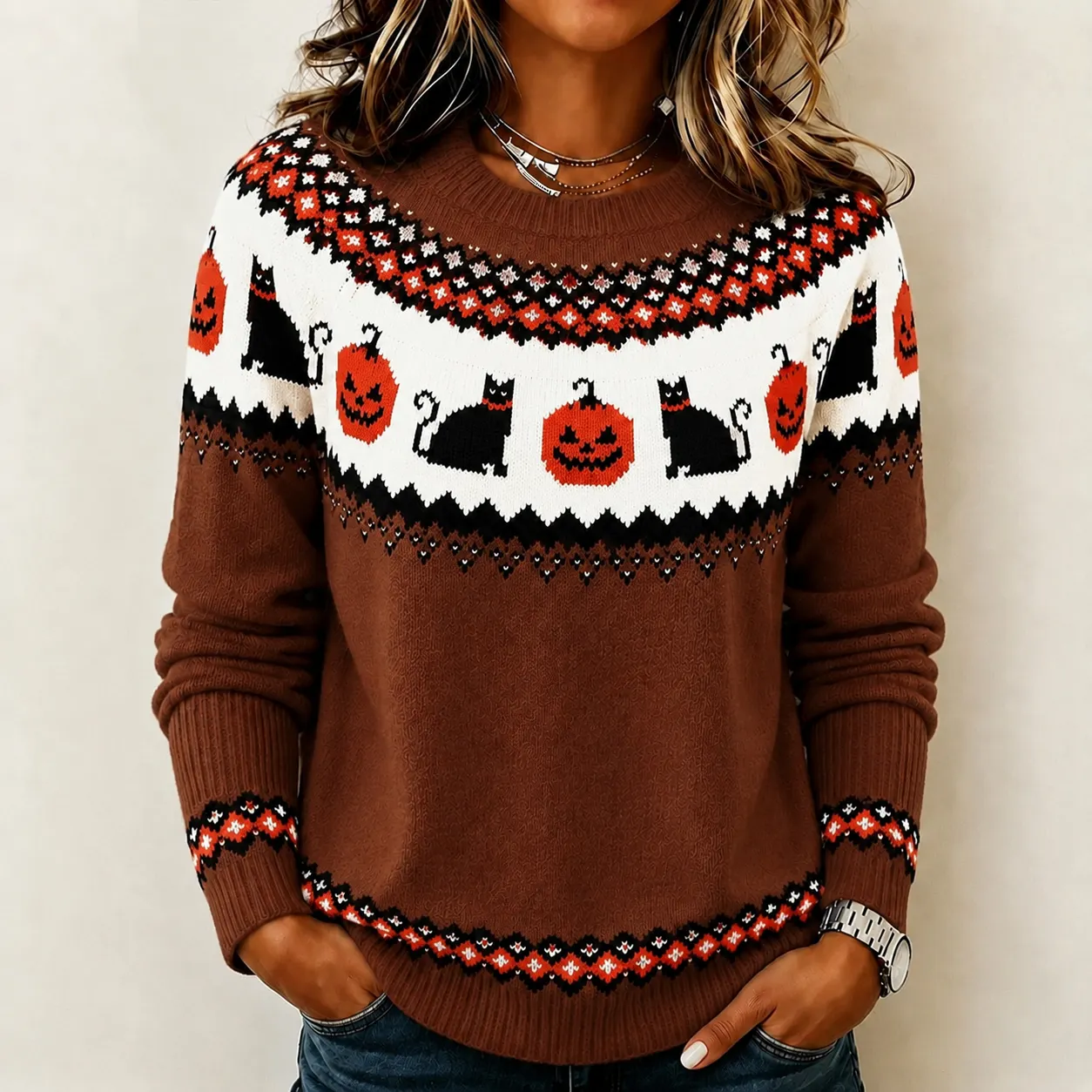Women's Vintage Halloween Pumpkin And Cat Pattern Cozy Knit Sweater artswardrobe