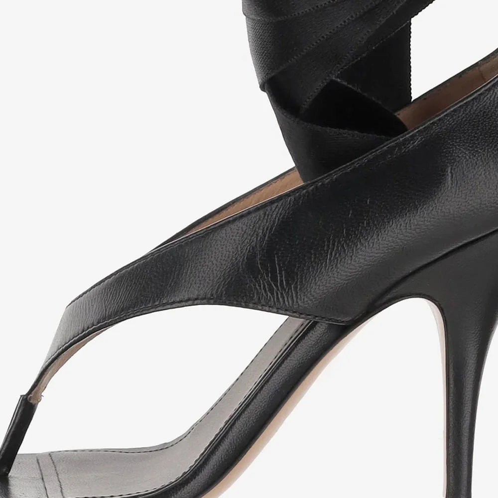 Black Open Toe Flip Flop Lace Up Stiletto High Heeled Sandals