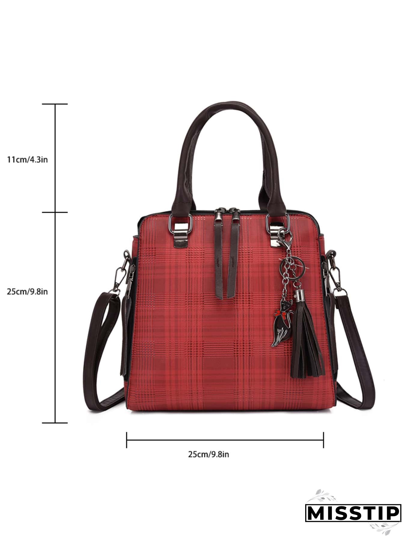 4pcs Colorblock Plaid Tassel Decor Tote Bag Set