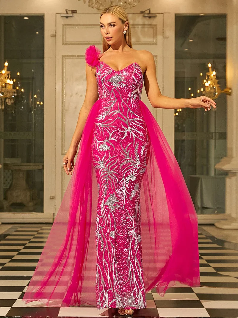 Missord One Shoulder A-Line Draped Black Sequin Maxi Prom Dress XH2172