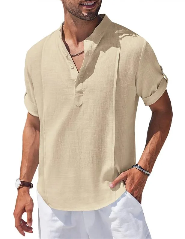 2023 Men's Linen Cotton Casual Beach Hippie Shirts Short Sleeve T-Shirts