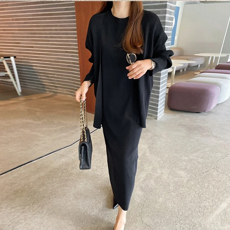 Lazy Style Knit Jacket and Midi Dress Suits - yankia