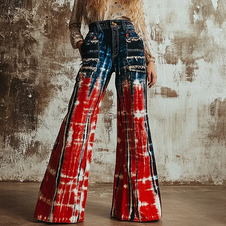 Vintage 90s Tie-dye Chain-decorated Denim Print Wide-leg Flared Trousers Casual Pants