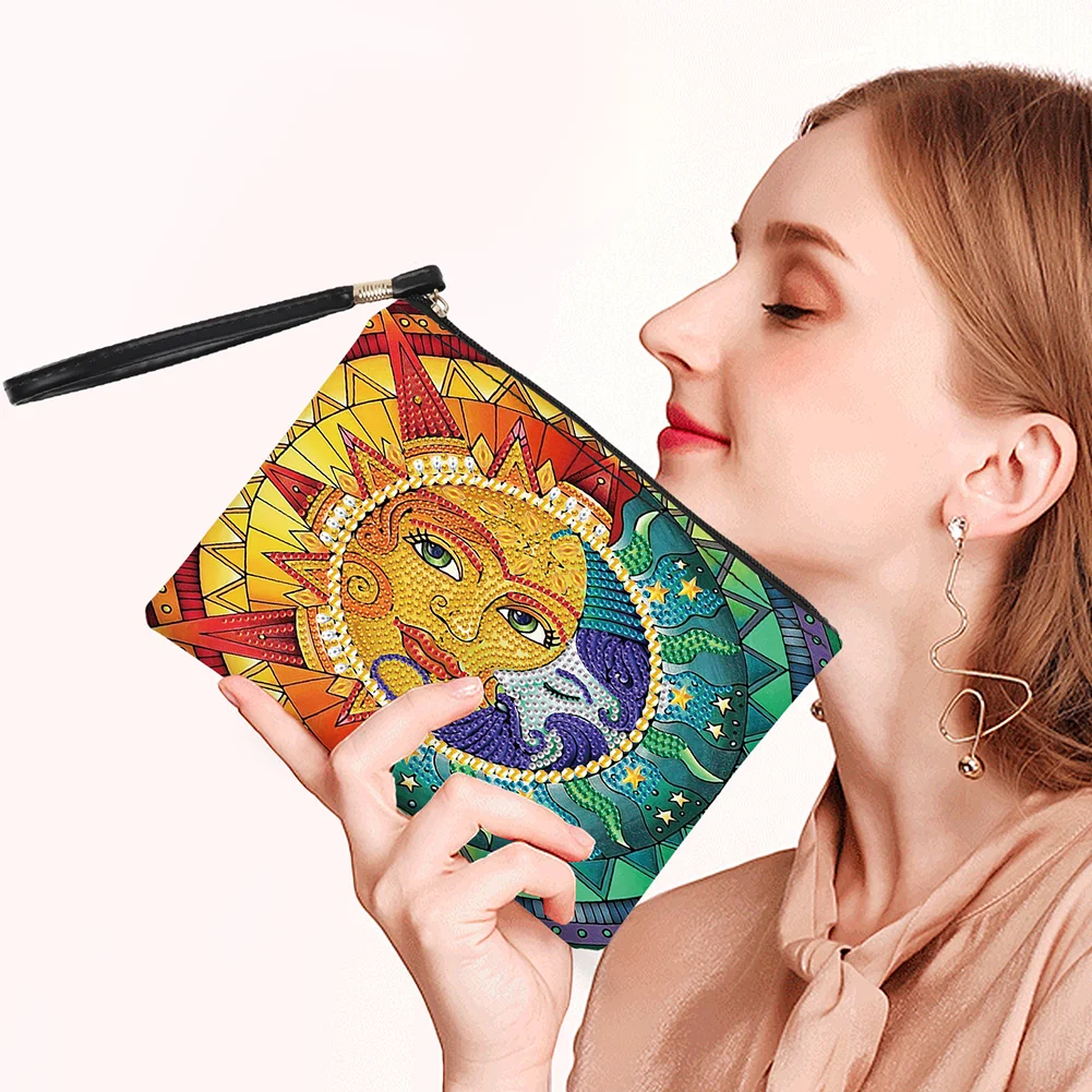 DIY Sun Moon PU Partial Special Shaped Diamond Painting Wallet Makeup Bag