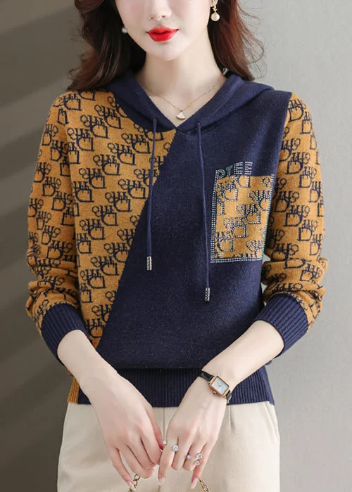 New Navy Hooded Print Patchwork Cotton Knit Top Long Sleeve