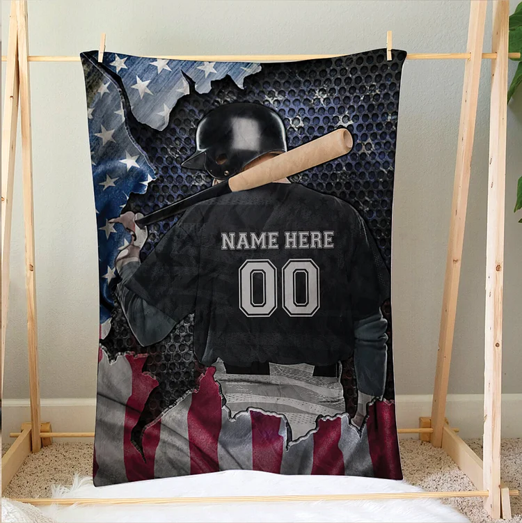 Personalized Baseball Blanket, Player US Flag Soft Cozy Blankets | BKKid330